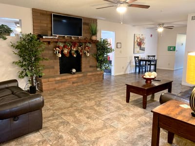Common area with seating and holiday decorations