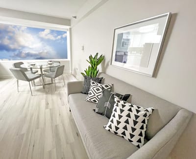 Interior view of a modern living space with decorative pillows