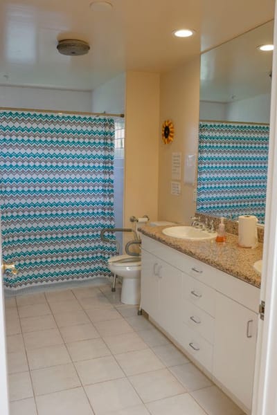 Bright bathroom with modern fixtures and colorful curtain.