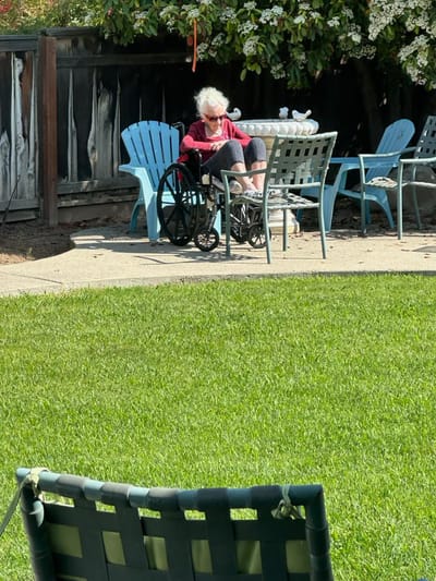 Resident enjoying the outdoor space in a wheelchair