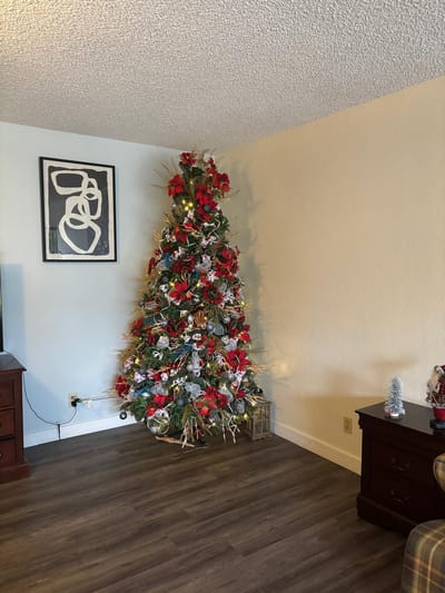 Christmas tree decorated with red flowers and ornaments.