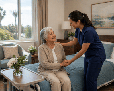 Staff member assisting a smiling senior in a cozy room.