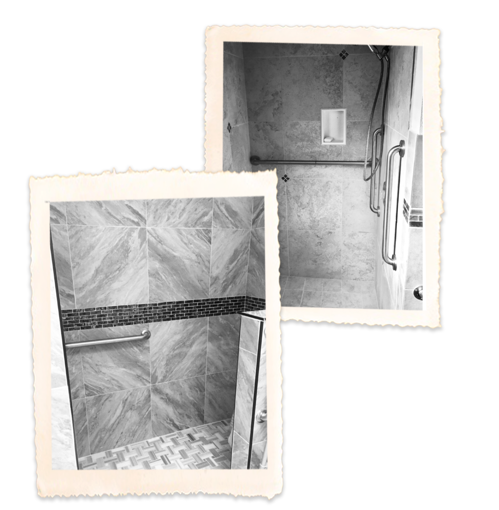 Interior bathroom with grab bars and tiled walls.