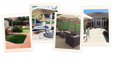 Outdoor seating area with umbrellas and landscaping