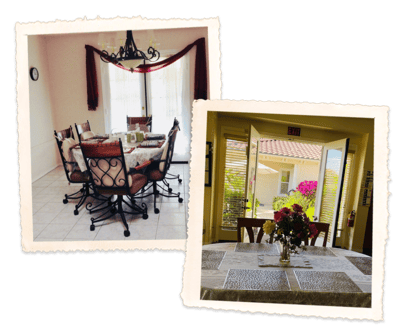 Dining area with floral decor and open door