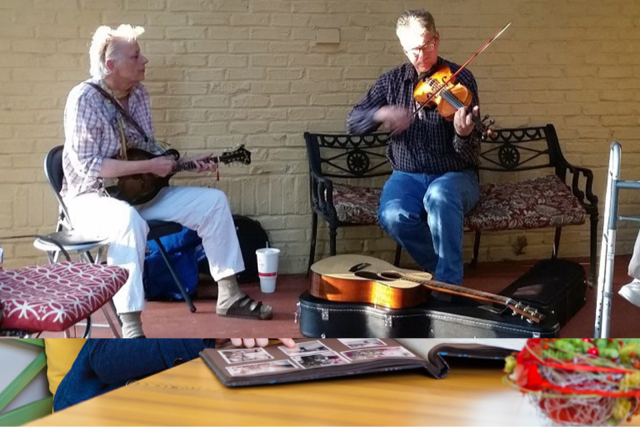 Residents playing music together in a social space