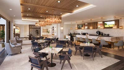 Elegant dining area with wooden accents and seating