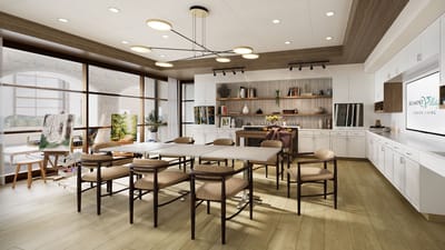 Bright interior of a common area with seating and decor