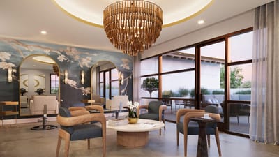 Interior lobby of a senior living facility with elegant decor