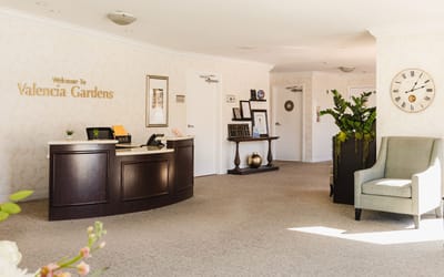 Bright reception area of Valencia Gardens Health Care Center
