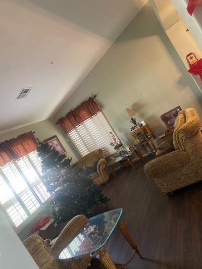 Interior view of a common area with holiday decorations