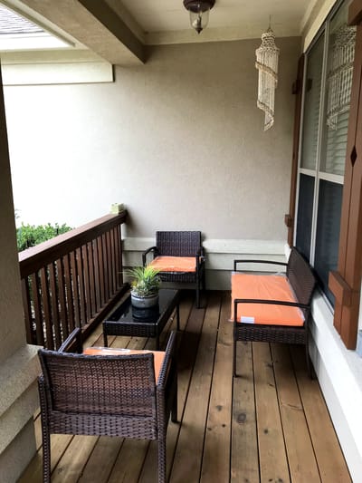 Outdoor seating area on a porch