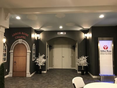 Interior view of Arbor Rose Chapel with decor