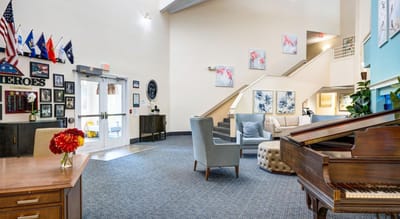 Bright lobby area with furniture and decor