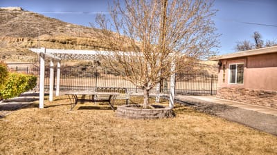 Outdoor space with shaded seating area