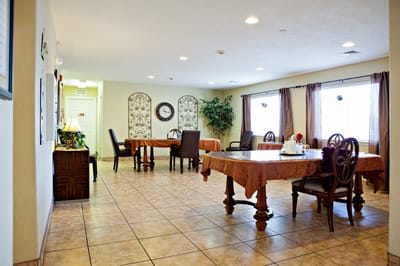 Interior dining area with tables and chairs