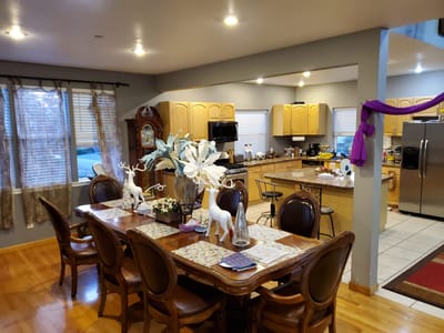 Interior view of a dining area with decorations
