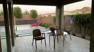 Outdoor seating area with chairs and tables