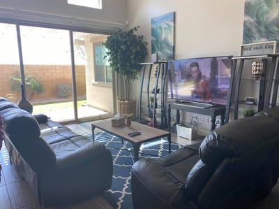 Cozy common area with seating and an outdoor view