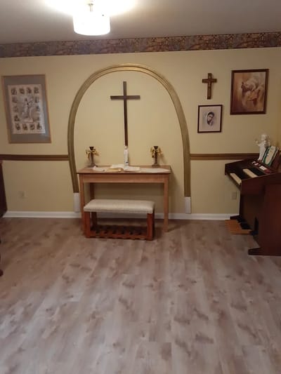 Interior chapel area with altar and decorations