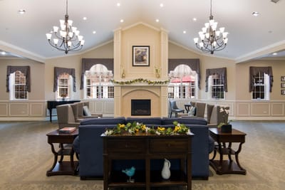 Interior common area with comfortable seating and a fireplace