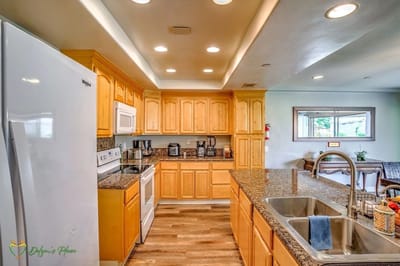 Bright interior kitchen with wooden cabinets