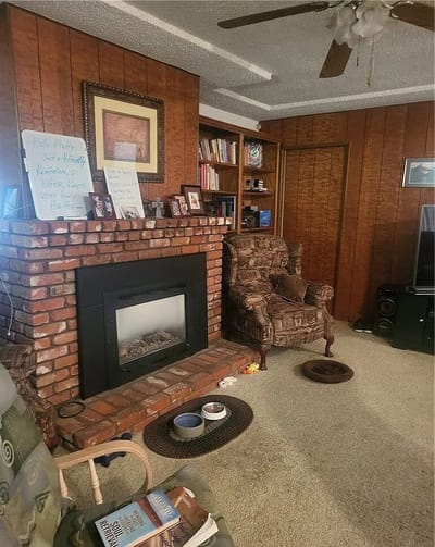 Comfortable seating area with a fireplace and bookshelves