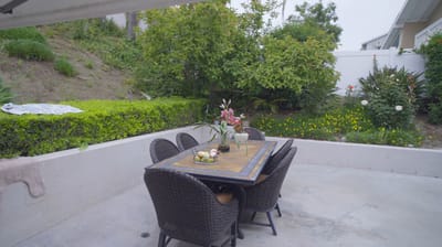 Outdoor patio area with a dining table and plants