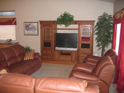 Cozy living room with leather sofas and a TV