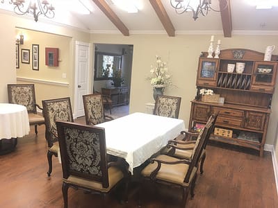 Cozy common area with wooden furnishings and decor