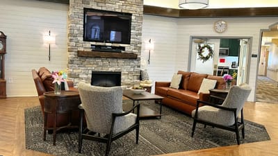 Cozy common area with seating and fireplace