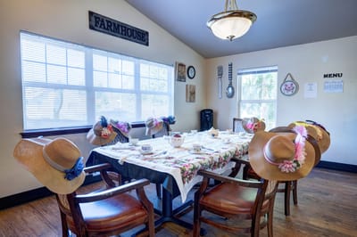 Dining table set for a meal with decorated hats