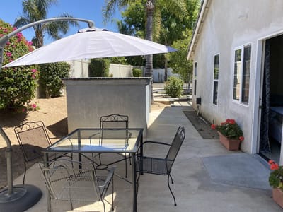Outdoor seating area with plants and umbrella