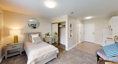 Bright private resident room with modern furnishings