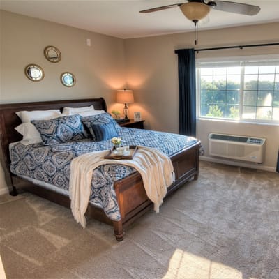 A cozy private room with a bed and natural light