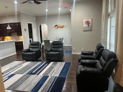 Interior view of a comfortable common area with seating