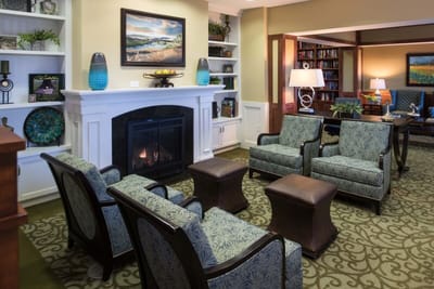 Comfortable lounge area with fireplace and seating