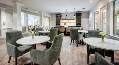 Bright and inviting common area with seating