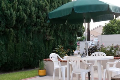A shaded outdoor seating area with chairs and a table