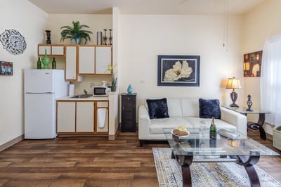 Cozy interior with a kitchenette and seating area