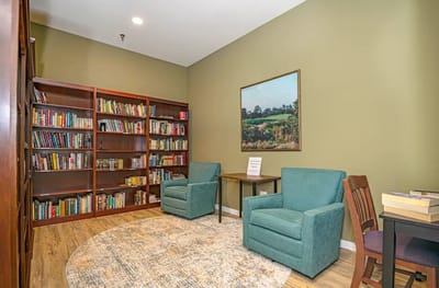 Cozy reading corner with bookshelves and seating