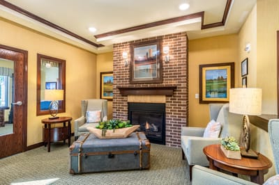 Cozy common area with comfortable seating and fireplace
