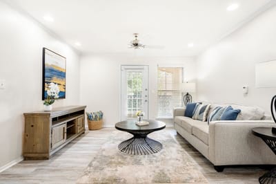 Bright living room with modern furnishings and natural light