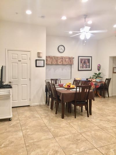 Dining area with a table set for meals