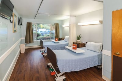Brightly lit resident room with two beds and a window