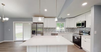 Modern kitchen with white cabinets and stainless appliances