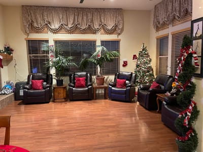 A cozy common area with armchairs and holiday decorations