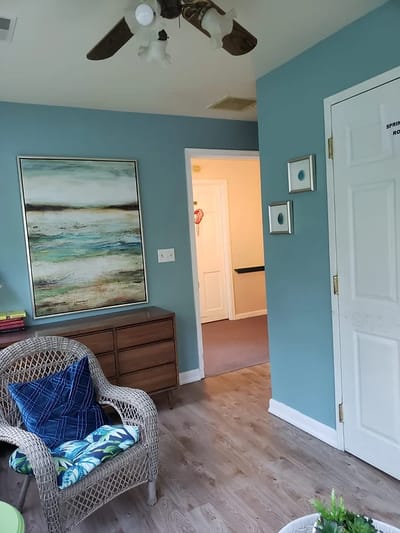 Bright interior common area with beach-themed decor