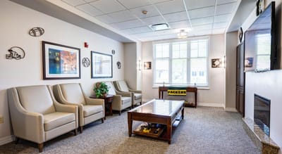 Interior of a cozy common area with seating
