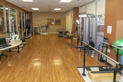Interior of a physical therapy room with equipment